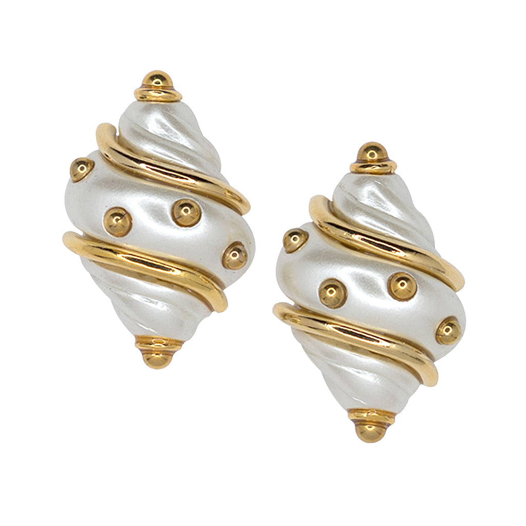 Pearl Shell Gold Dots Clip Earrings