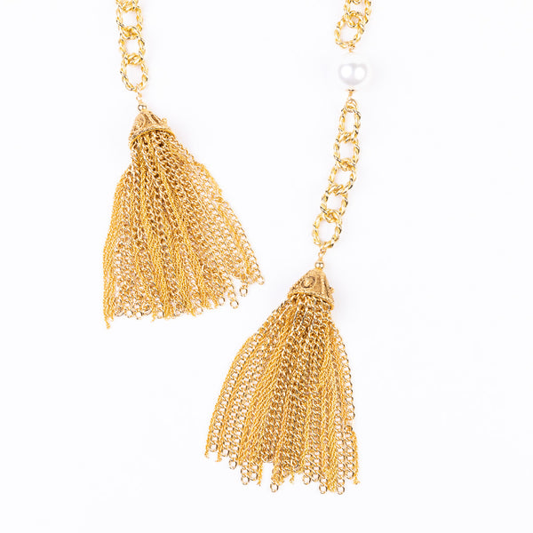 Gold and Pearl Tassel Ends Necklace