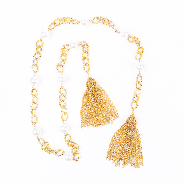 Gold and Pearl Tassel Ends Necklace