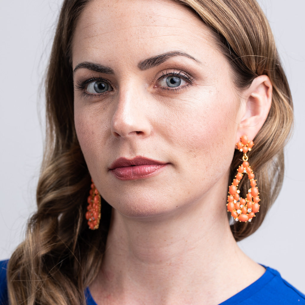 Coral Cabochon Teardrop Pierced Earrings