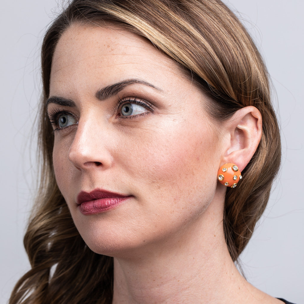 Coral and Crystal Domed Clip-On Earrings