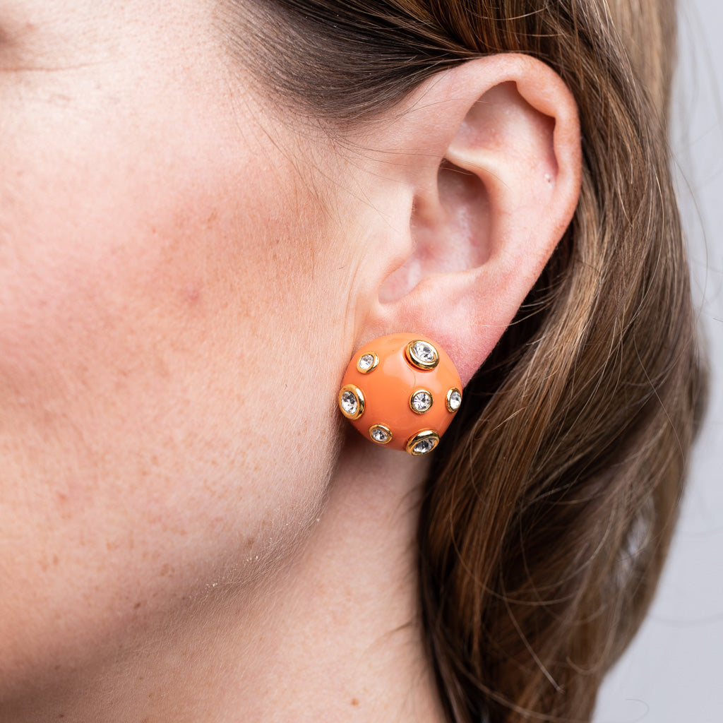 Coral and Crystal Domed Clip-On Earrings