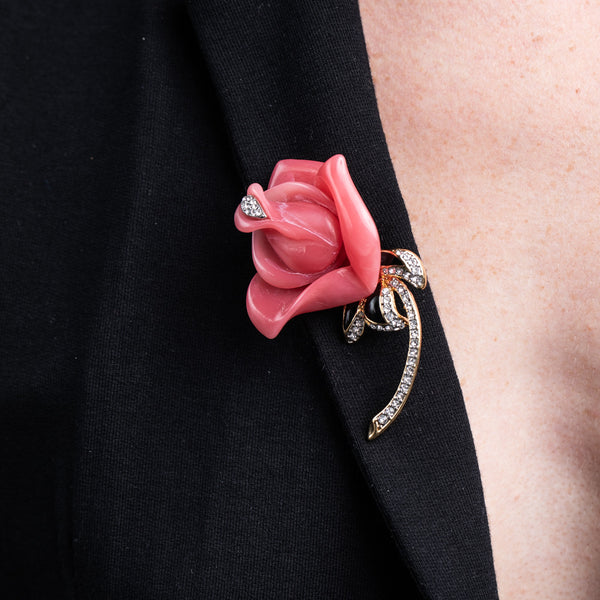 Pink Rose Pin with Rhinestone Stem Pin