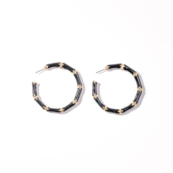 Medium Black Bamboo Hoop Pierced Earrings