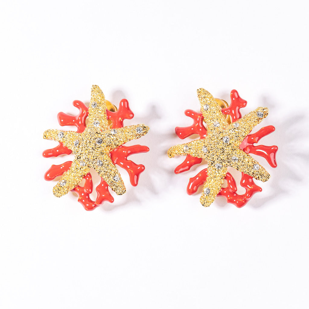 Starfish and Dark Coral Enamel Branch Earring