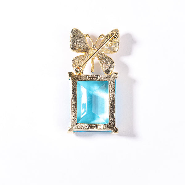 Aqua Square Stone Pin with Crystal Butterfly
