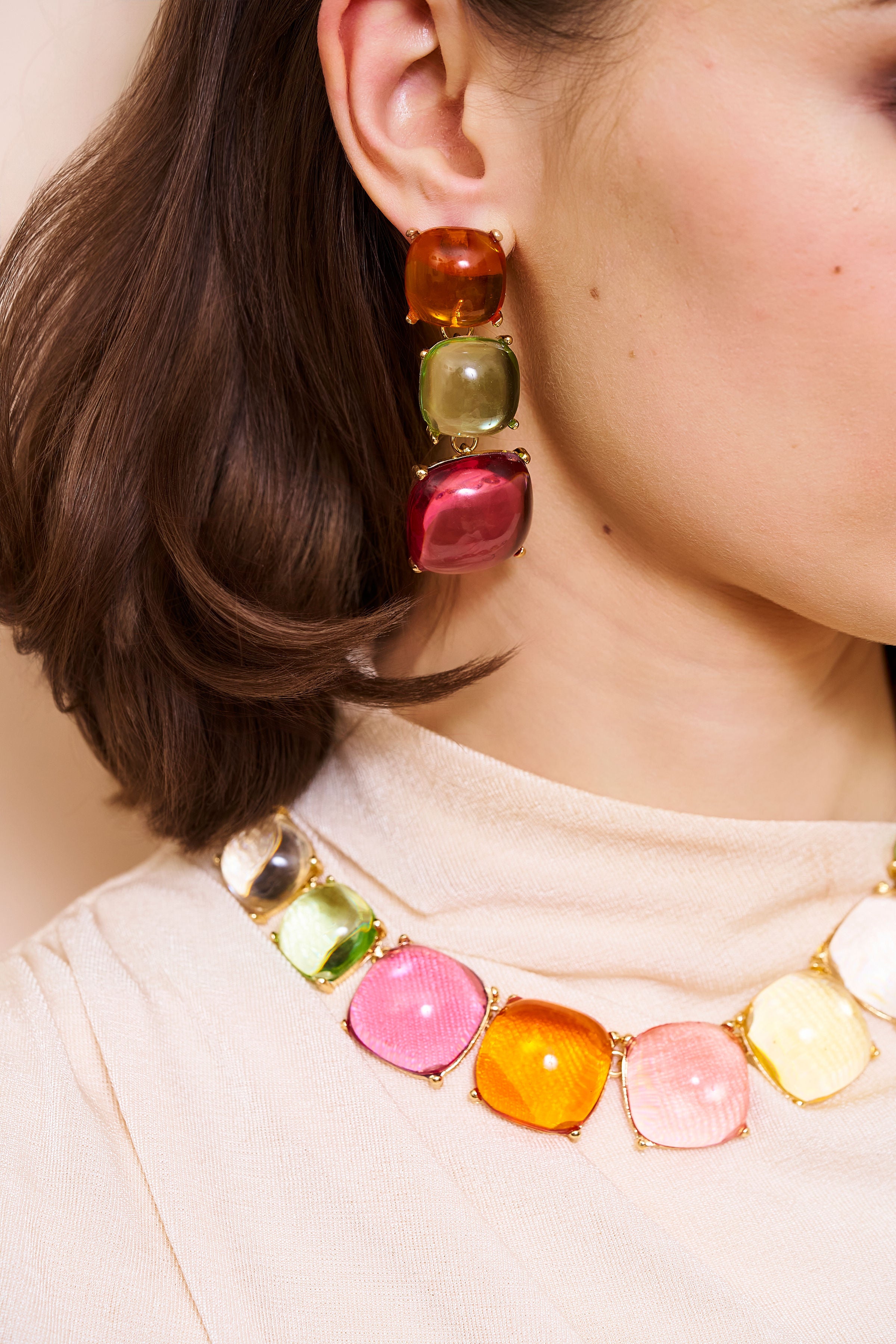 Pastel Stones Drop Pierced Earrings