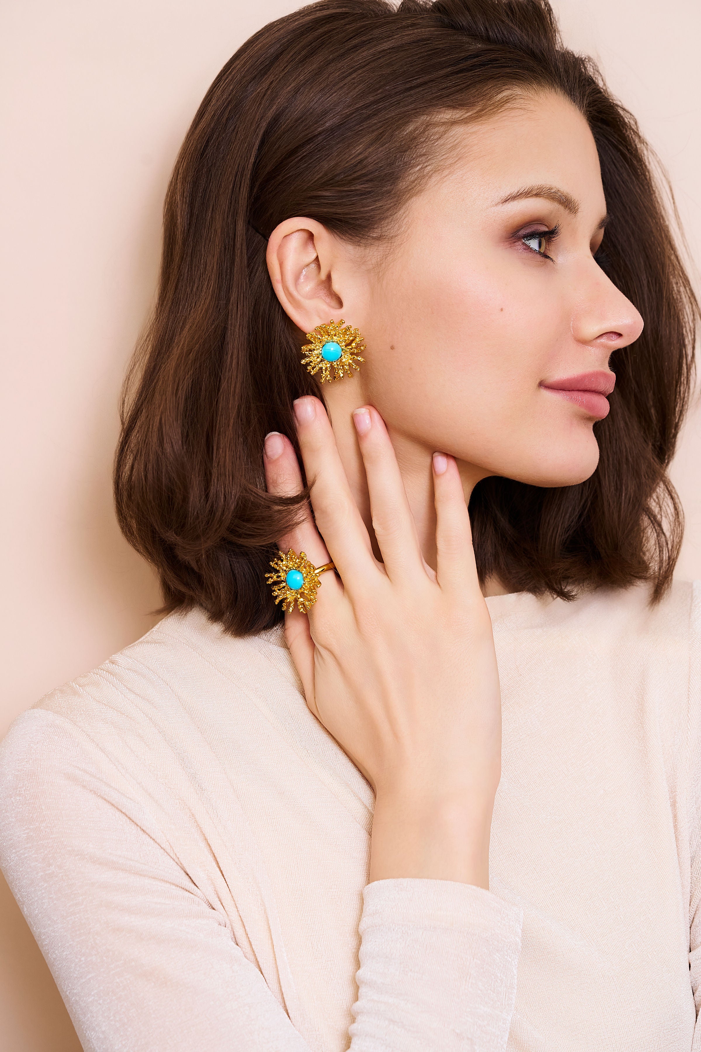 Coral Reef Pierced Earrings - Gold Turquoise