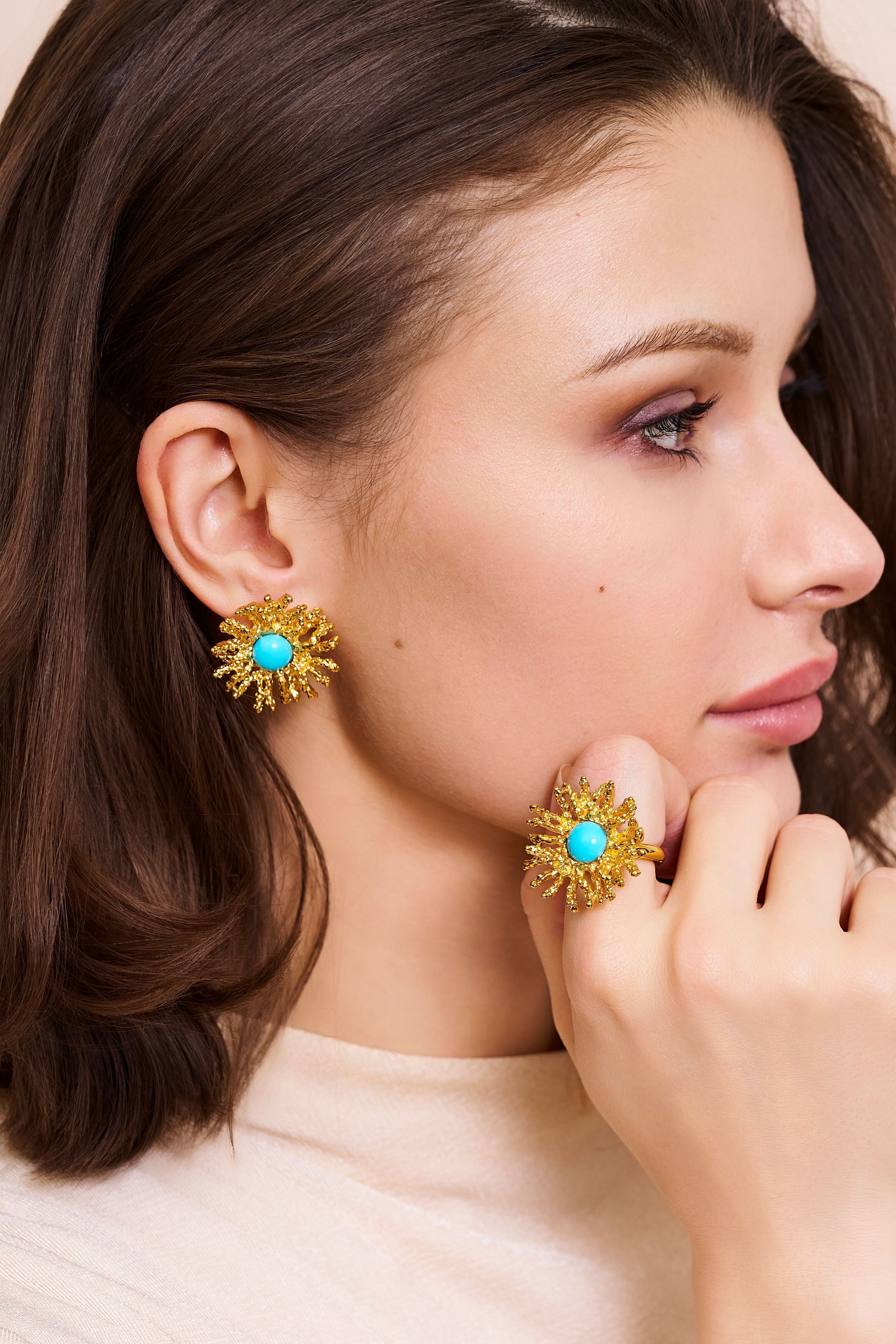 Coral Reef Pierced Earrings - Gold Turquoise