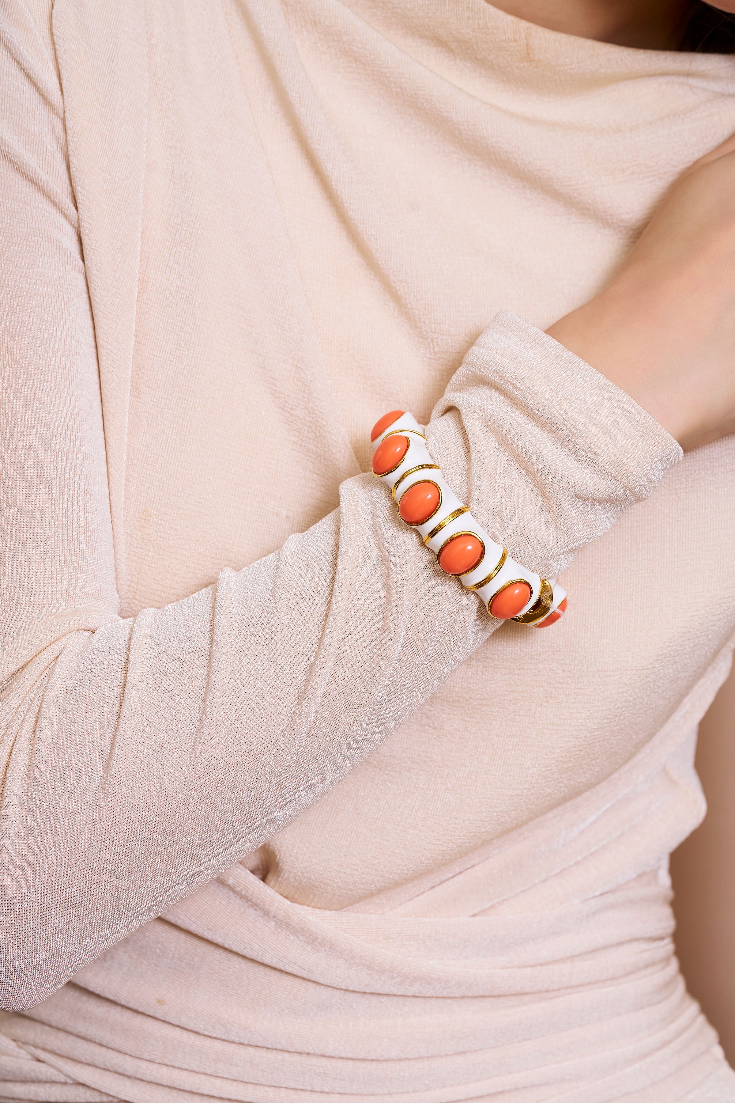 White & Coral Cabochons Bracelet