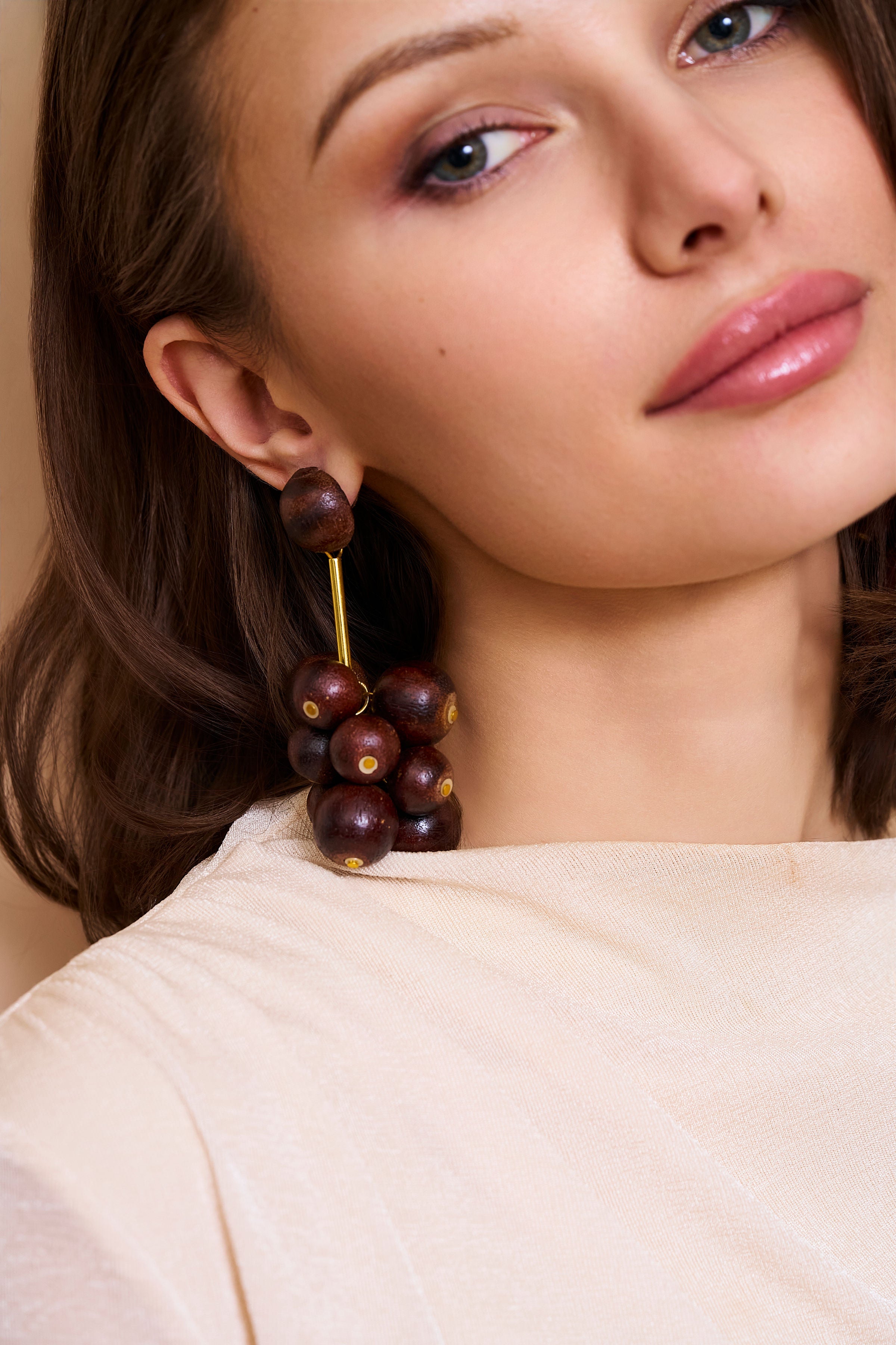 Wooden Ball Cluster Pierced Earrings