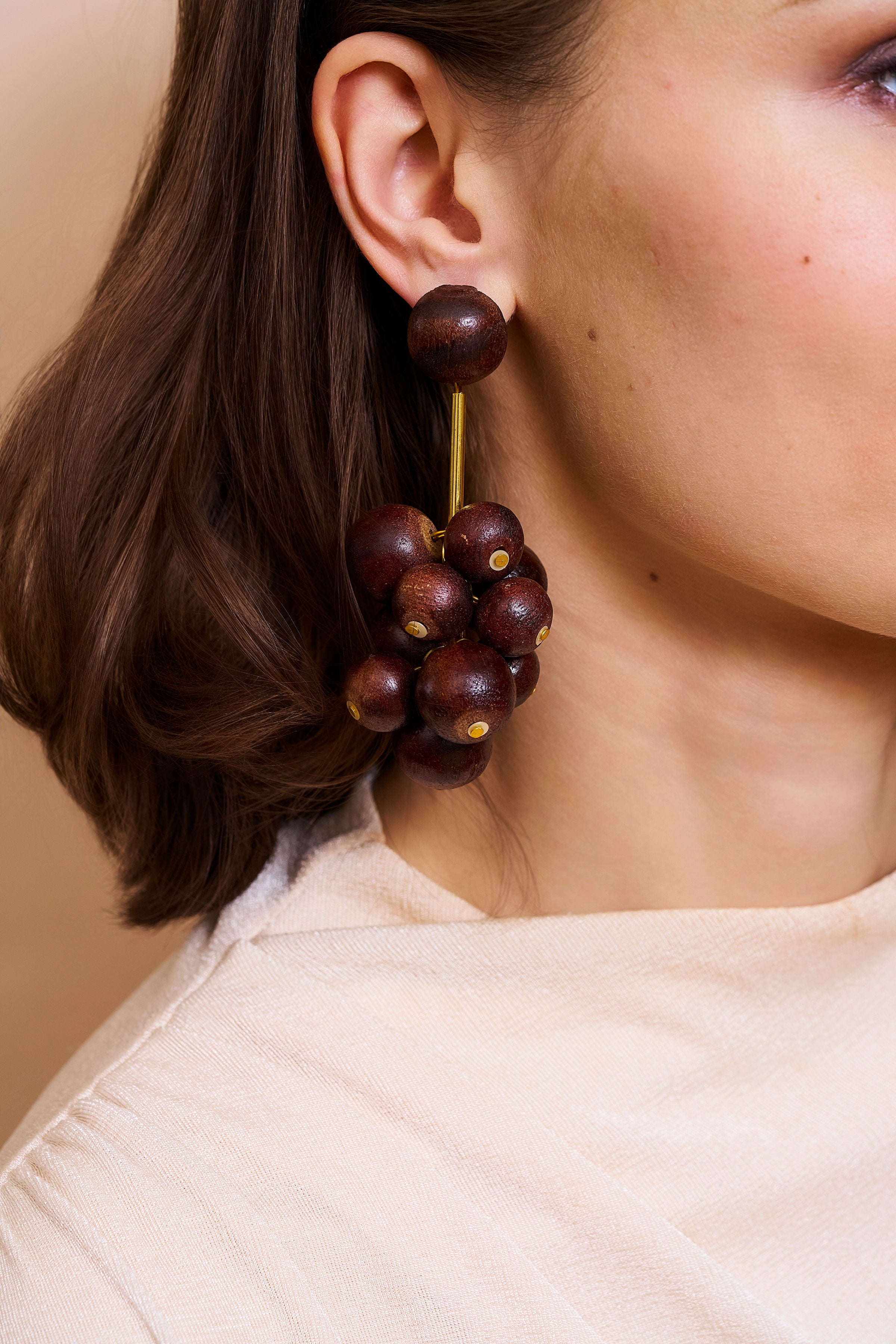 Wooden Ball Cluster Pierced Earrings