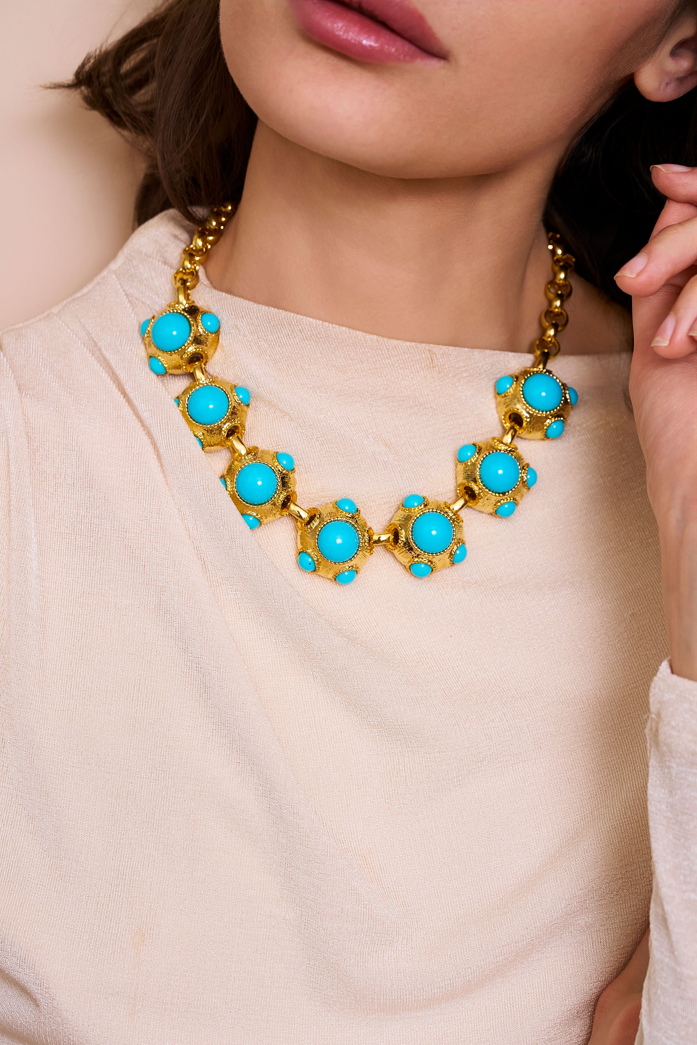 Satin Gold & Turquoise Center Necklace