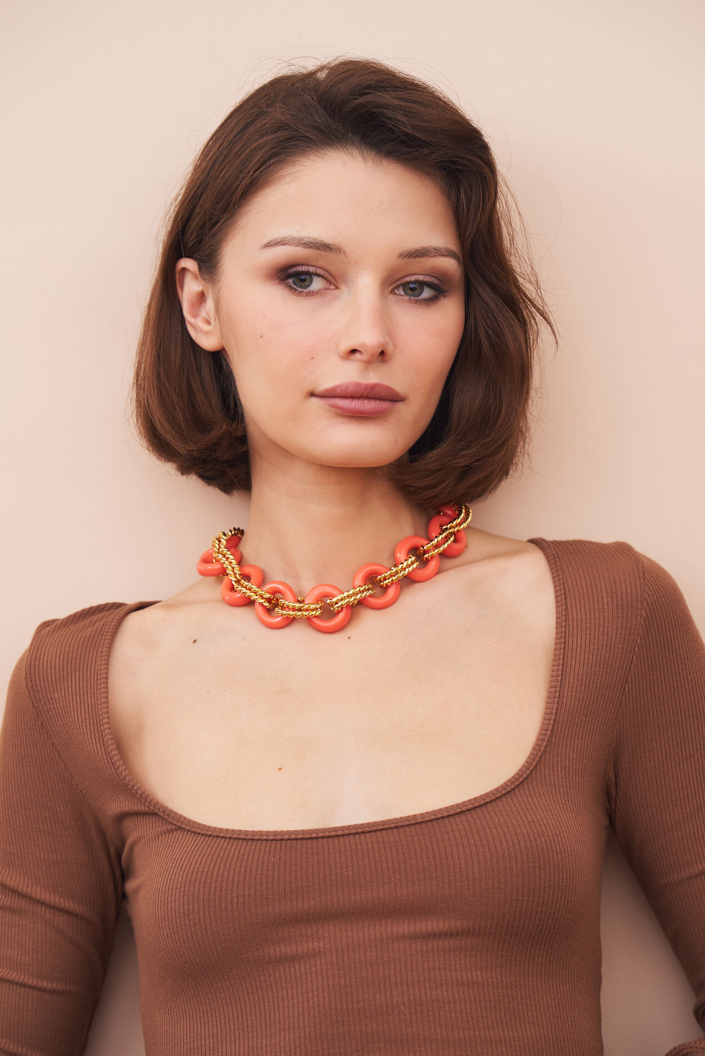 Gold & Coral Twist Link Necklace