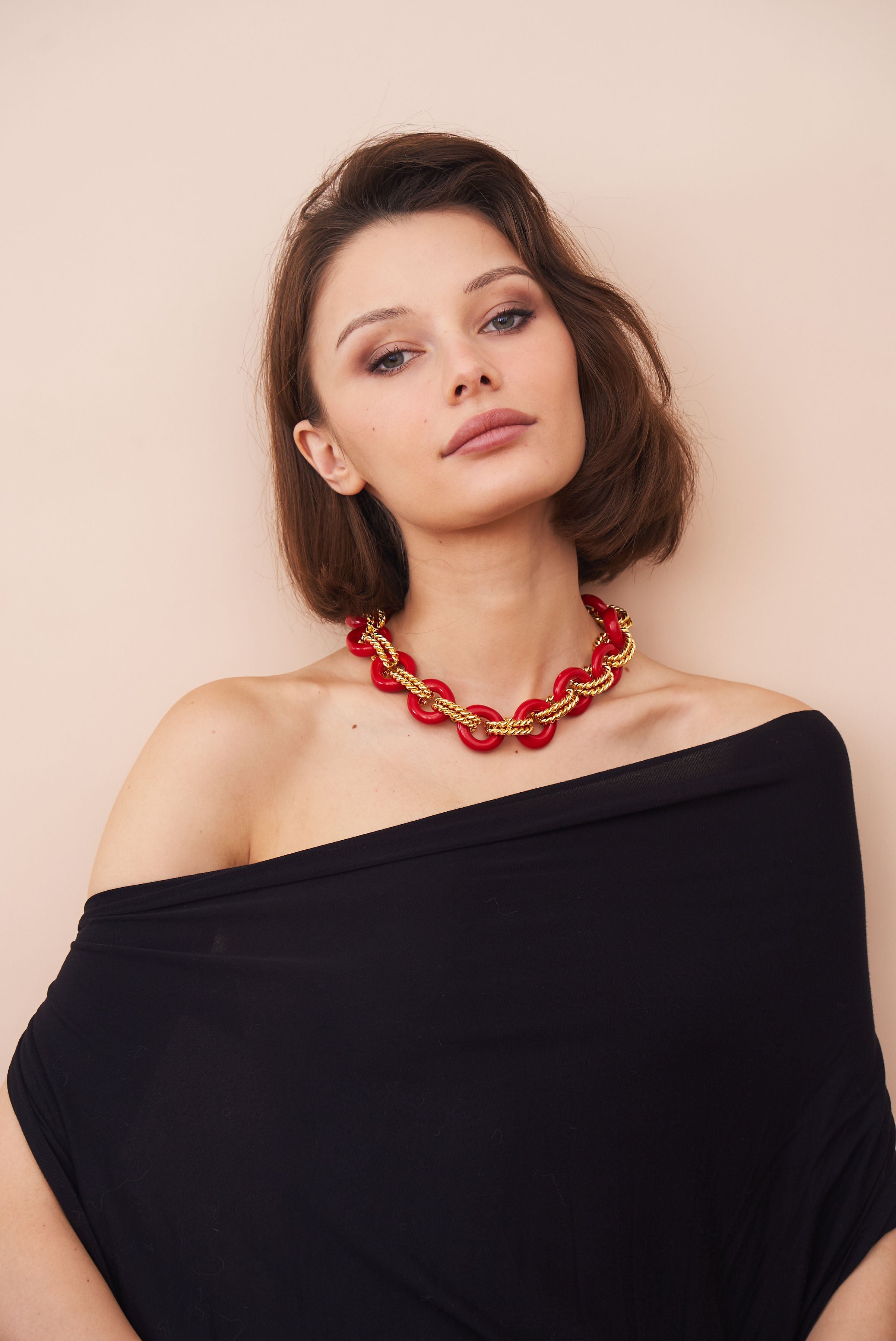Gold & Red Twist Link Necklace