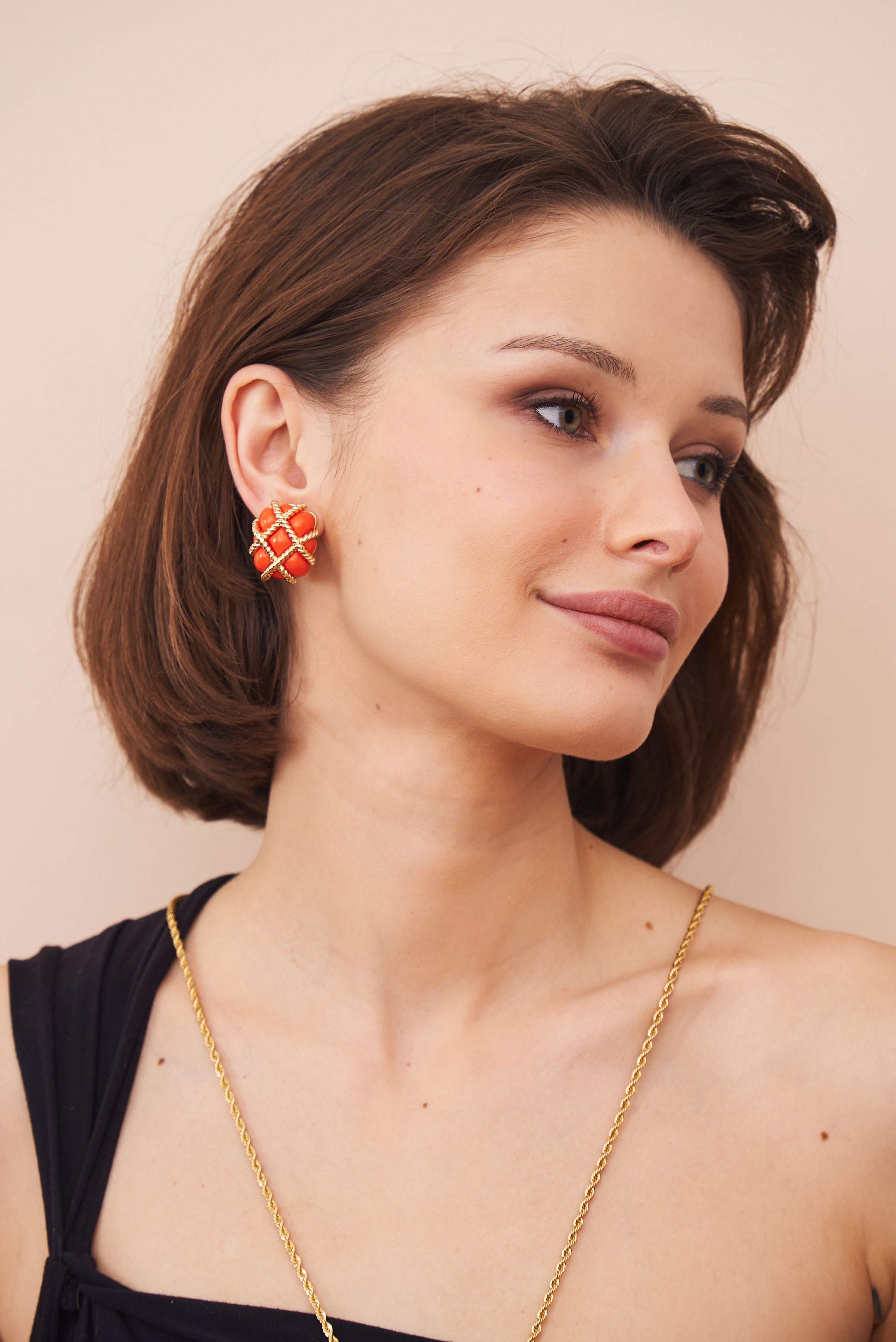 Gold Trim Coral Quilted Clip Earrings