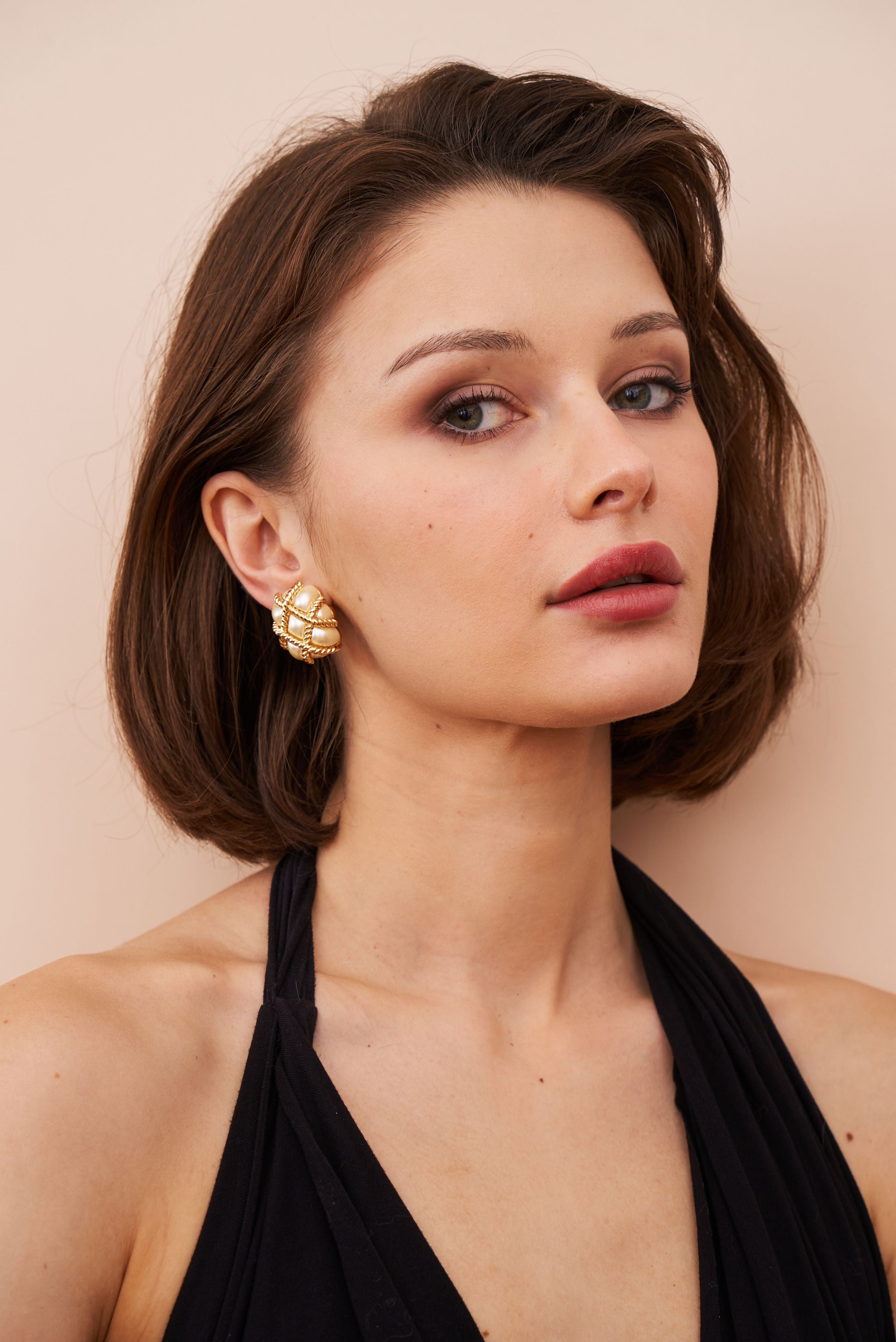 Gold Trim White Pearl Quilted Clip Earrings