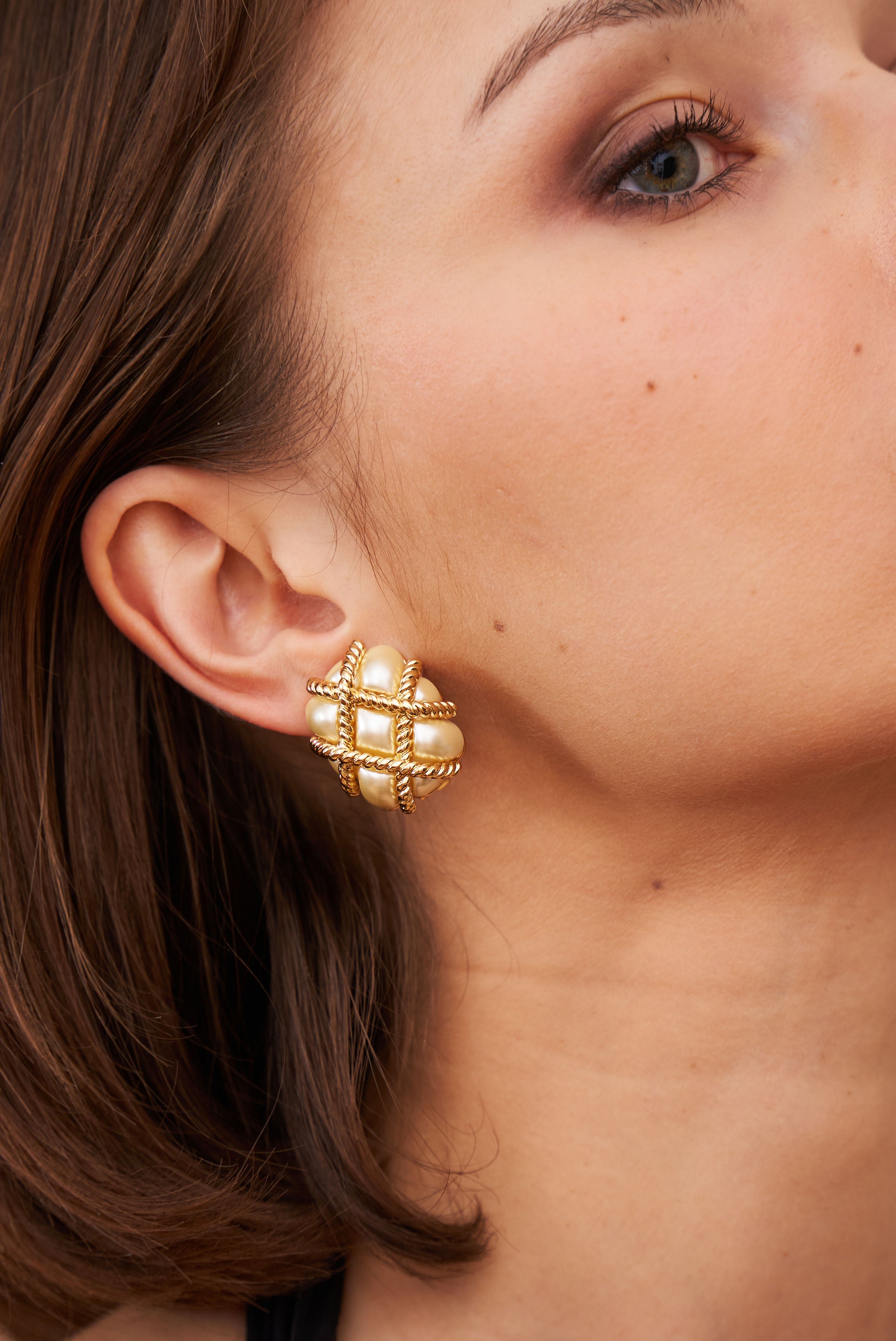 Gold Trim White Pearl Quilted Clip Earrings