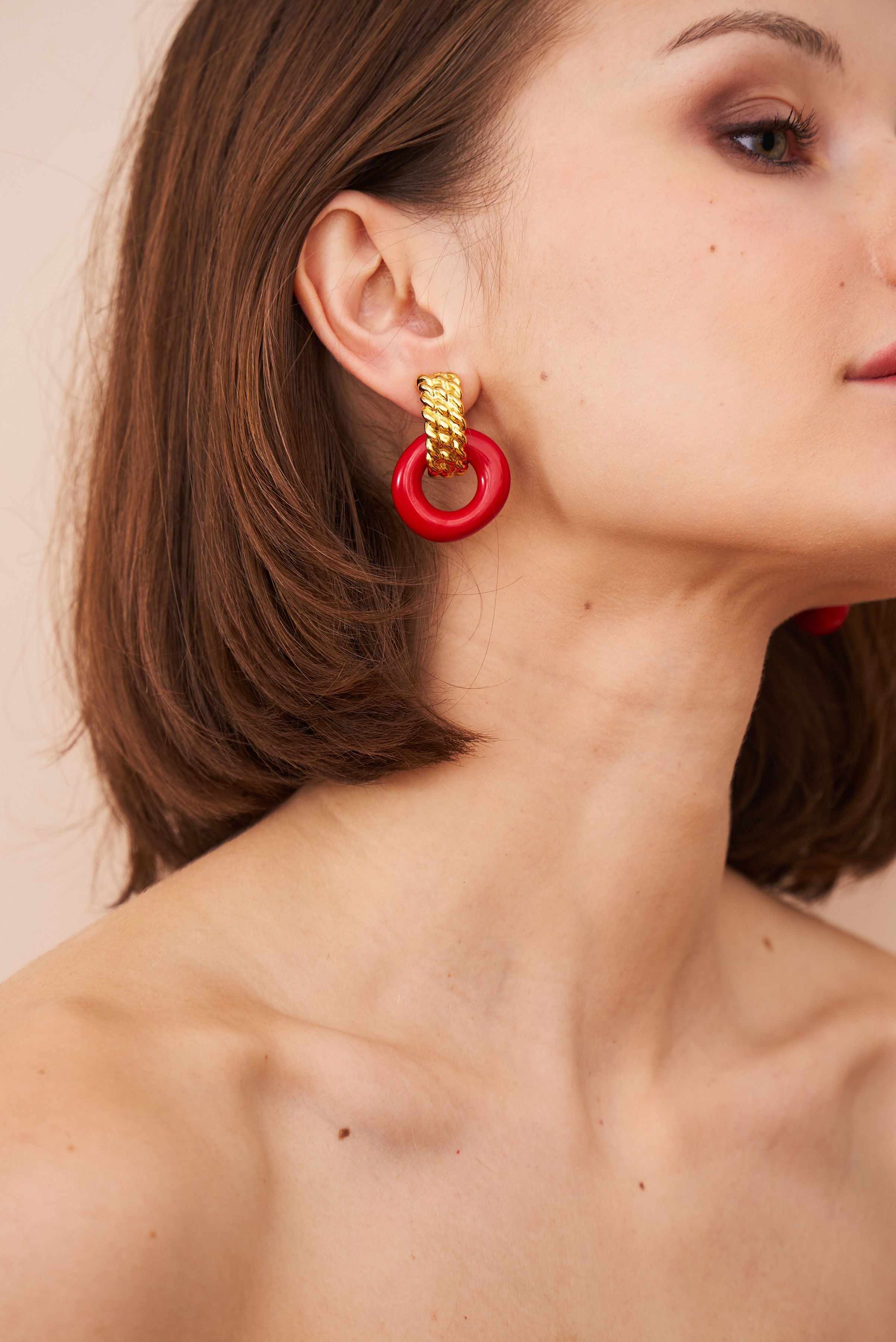 Gold & Red Doorknocker Clip Earrings