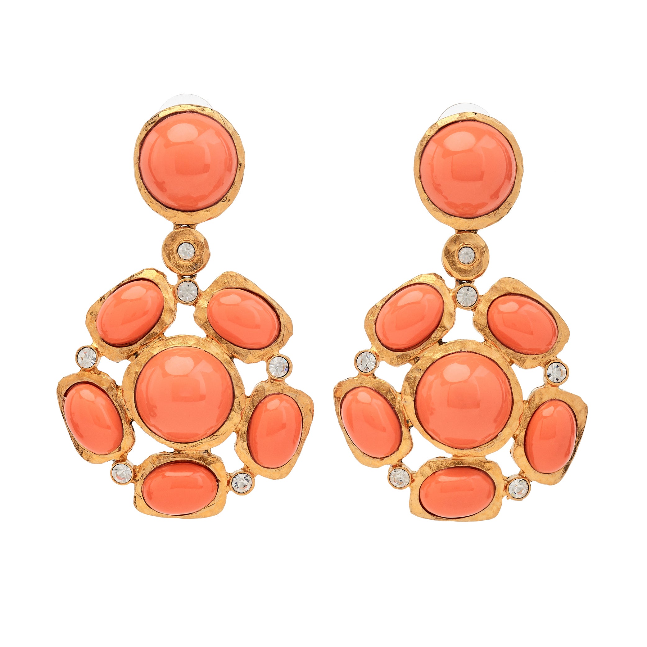 Gold & Coral Cabochon Cluster Chandelier Earrings