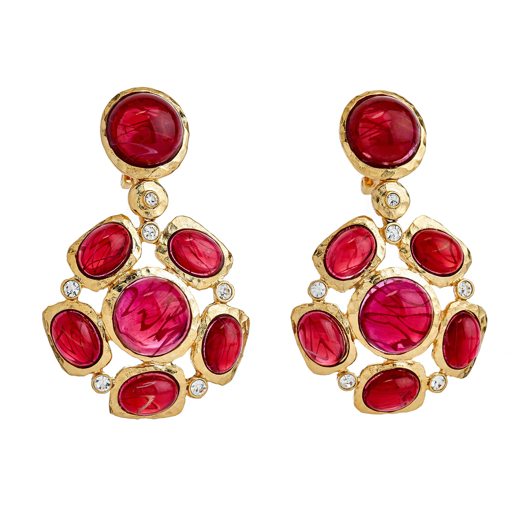 Ruby Cluster Drop Clip-On Earrings