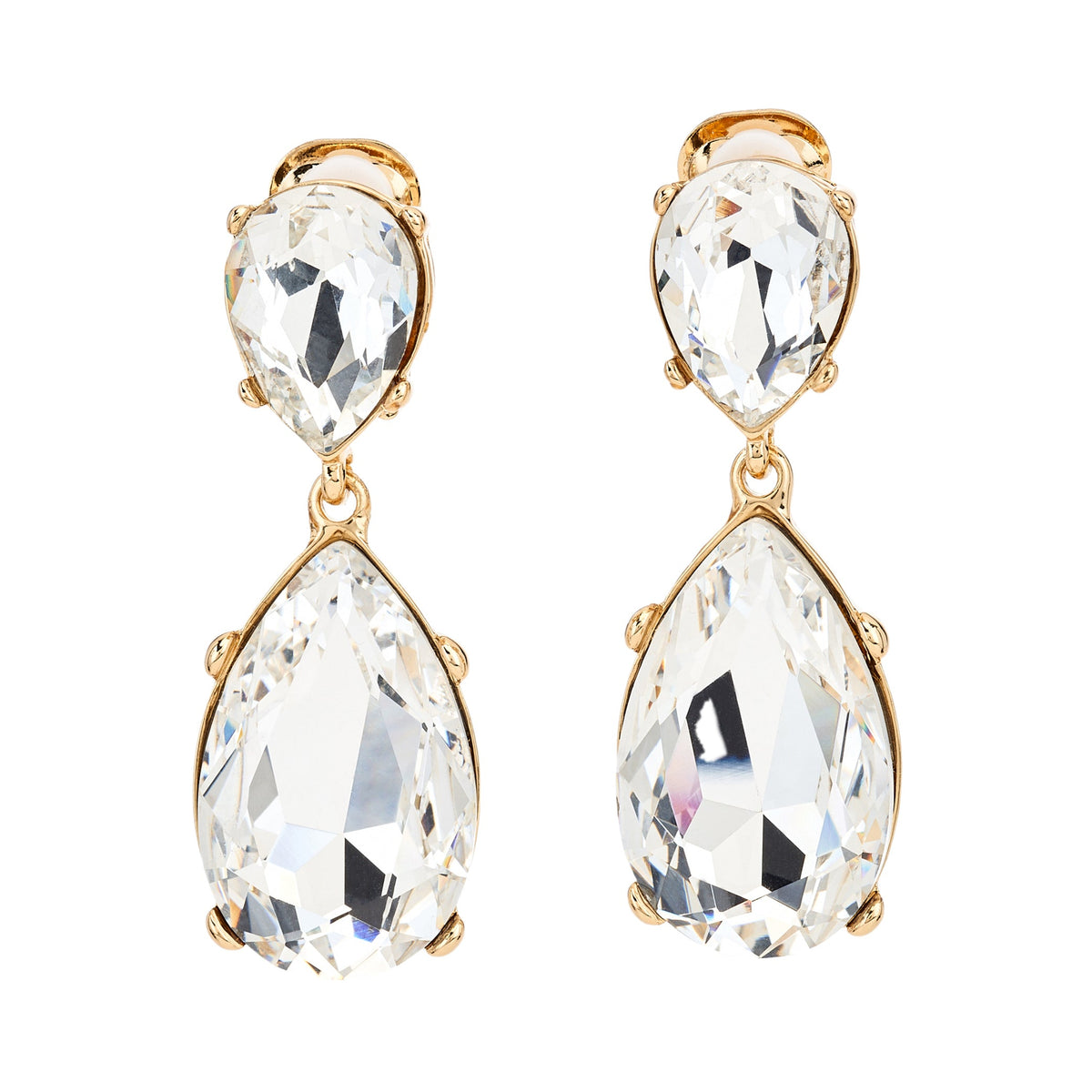 Crystal Teardrop Drop Clip Earrings, gold, clip closure
