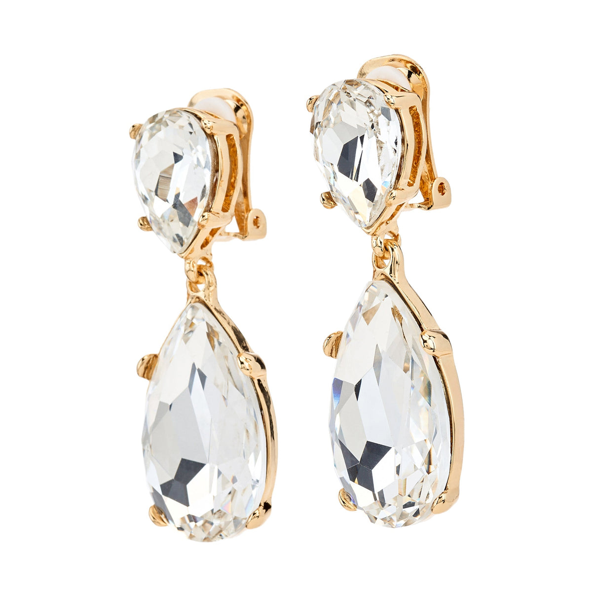 Crystal Teardrop Drop Clip Earrings, gold, clip closure