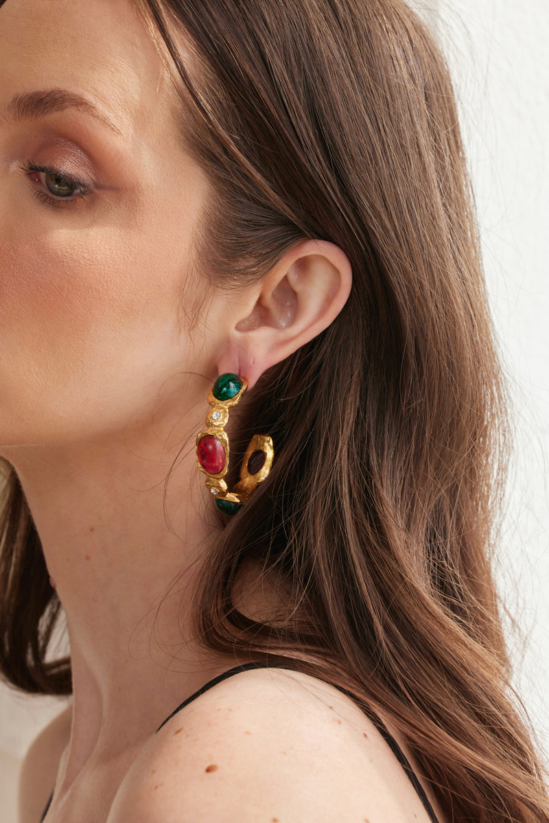 Satin Gold & Crystal Flawed Gemstone Hoop Post Earrings