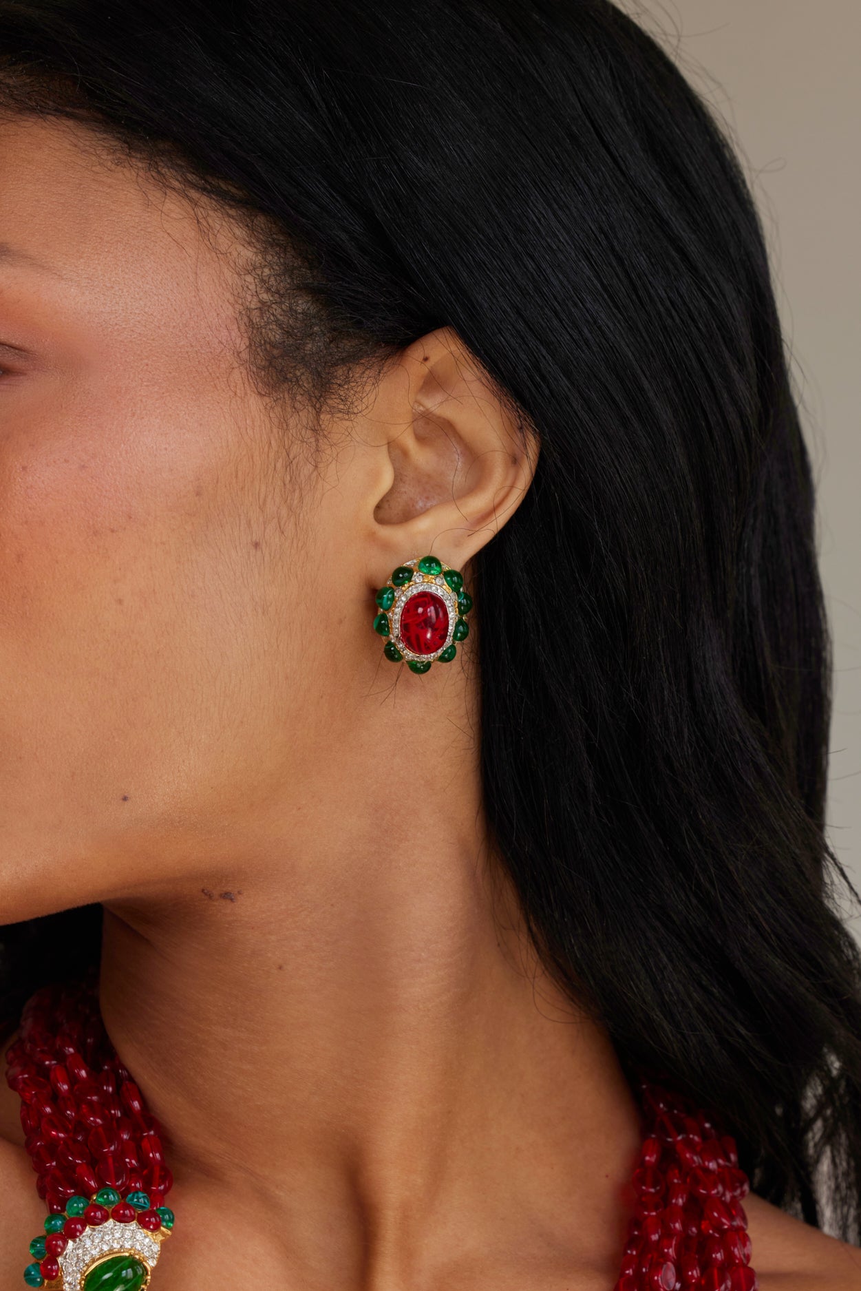 Emerald & Ruby Oval Clip Earrings