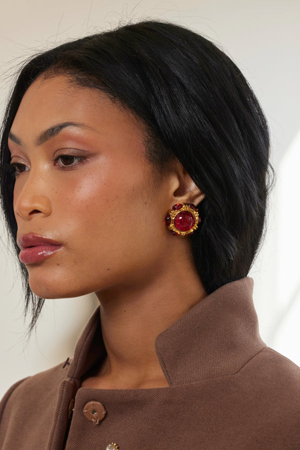 Gold & Ruby Button Clip Earrings