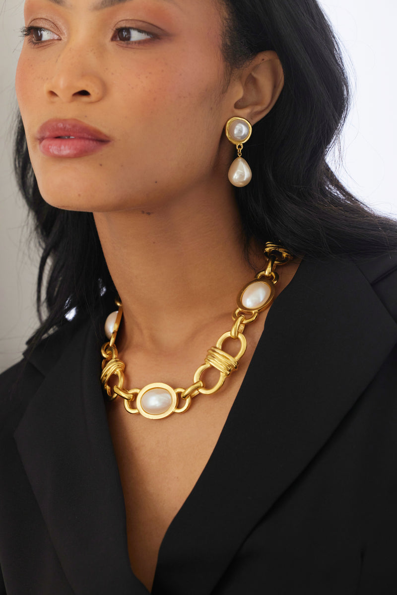 Satin Gold Chain Link Necklace with Pearl Stations