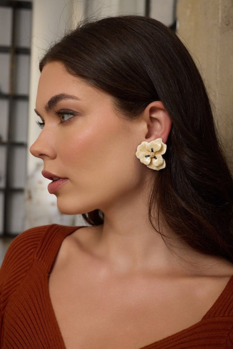 Gold Tritone White Flower Earrings