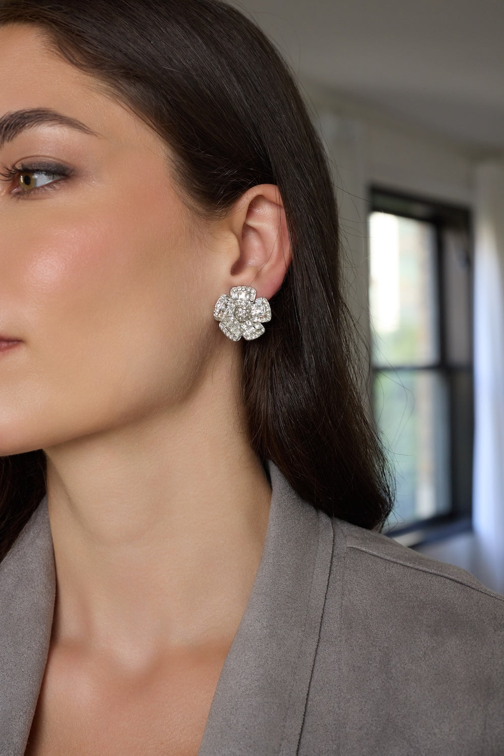 Crystal Flower Clip Earrings