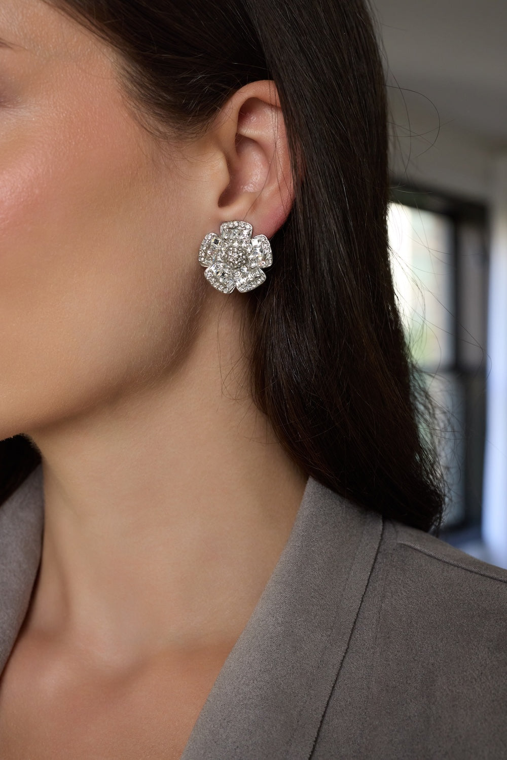 Crystal Flower Clip Earrings