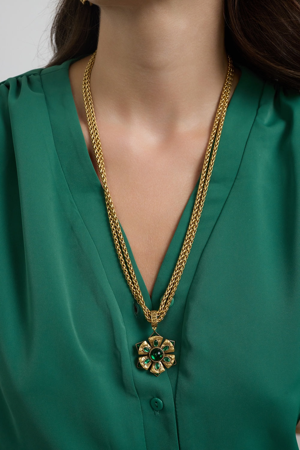 Emerald Cabochon Two-Row Necklace