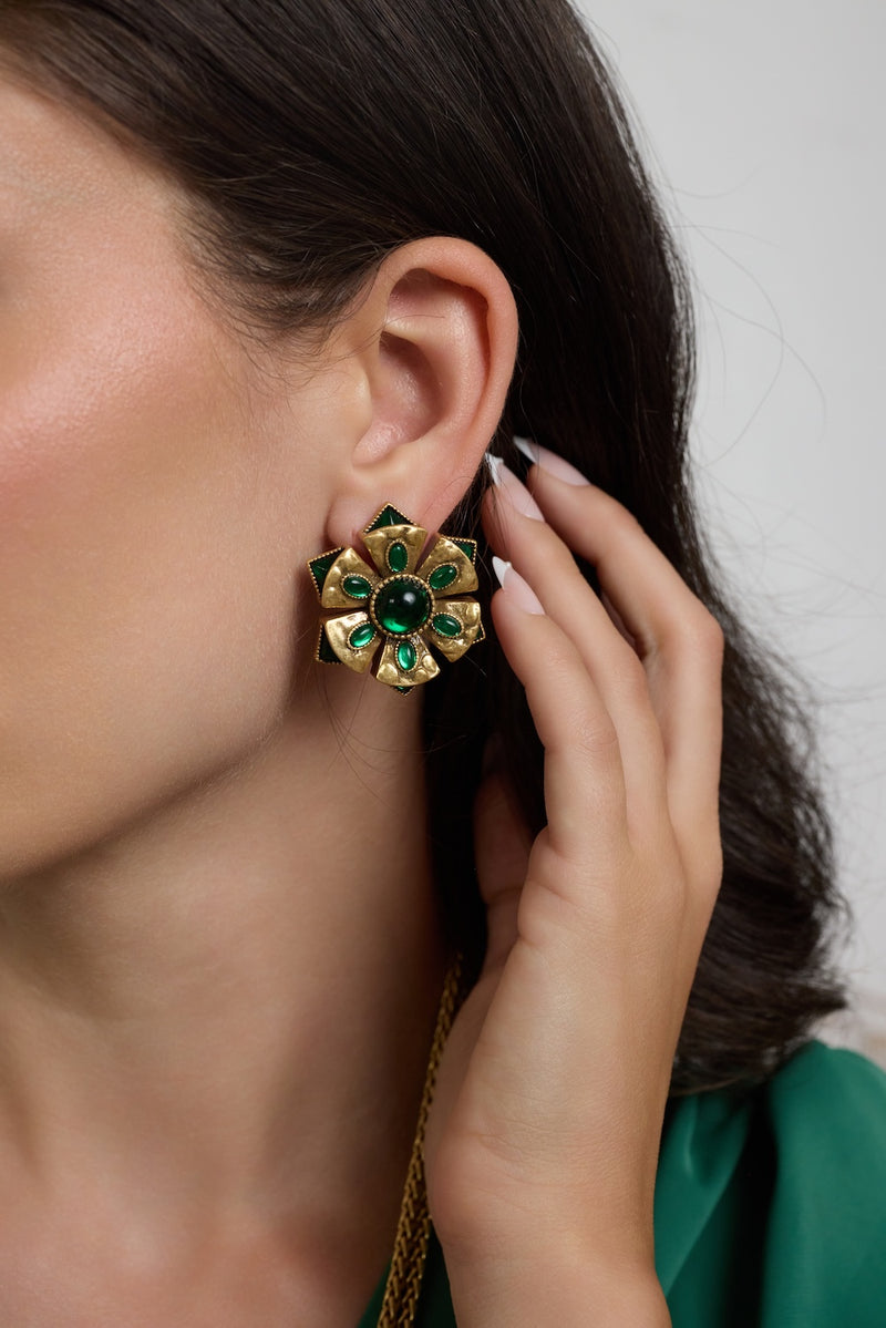 Antique Gold Emerald Cabochon Earrings