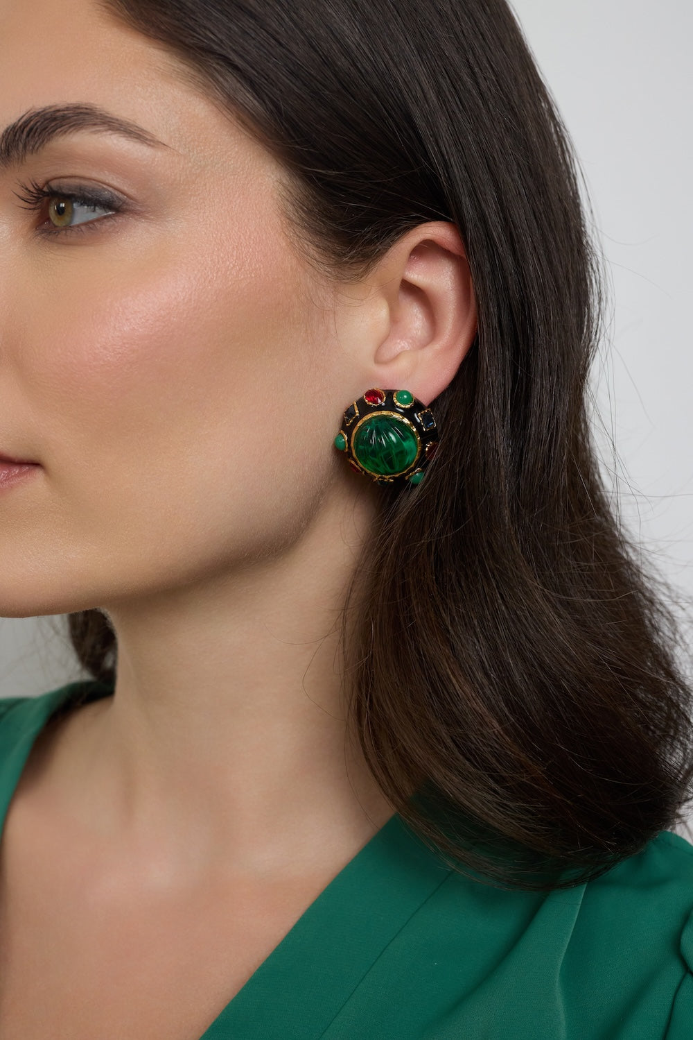 Black Gemstone & Emerald Button Earrings