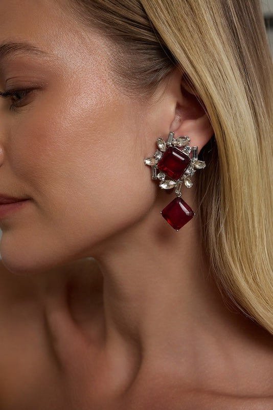 Ruby Rhinestone Drop Clip Earrings