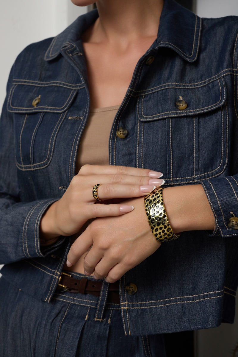 Black Enamel Spots Open Cuff Bracelet