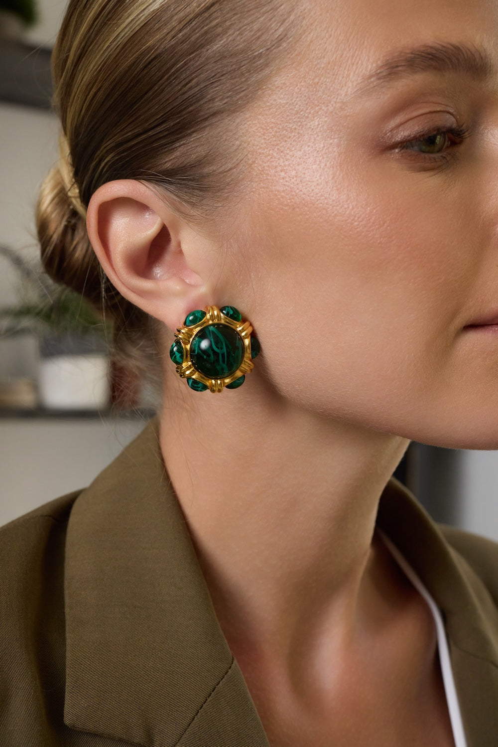 Emerald Cabochon Button Clip Earrings