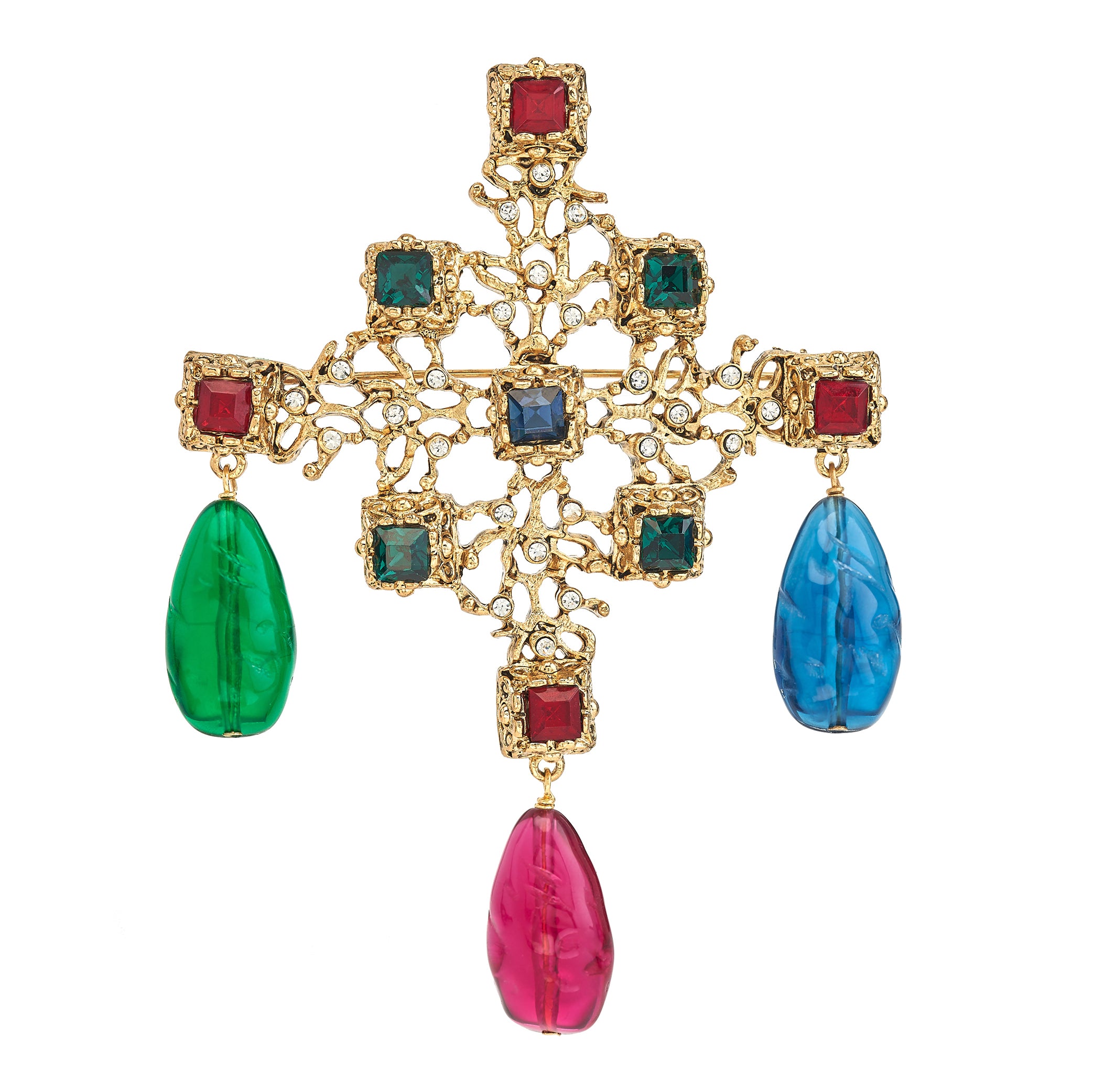 Vintage Multi Gem Cross Pin with Drop Accents