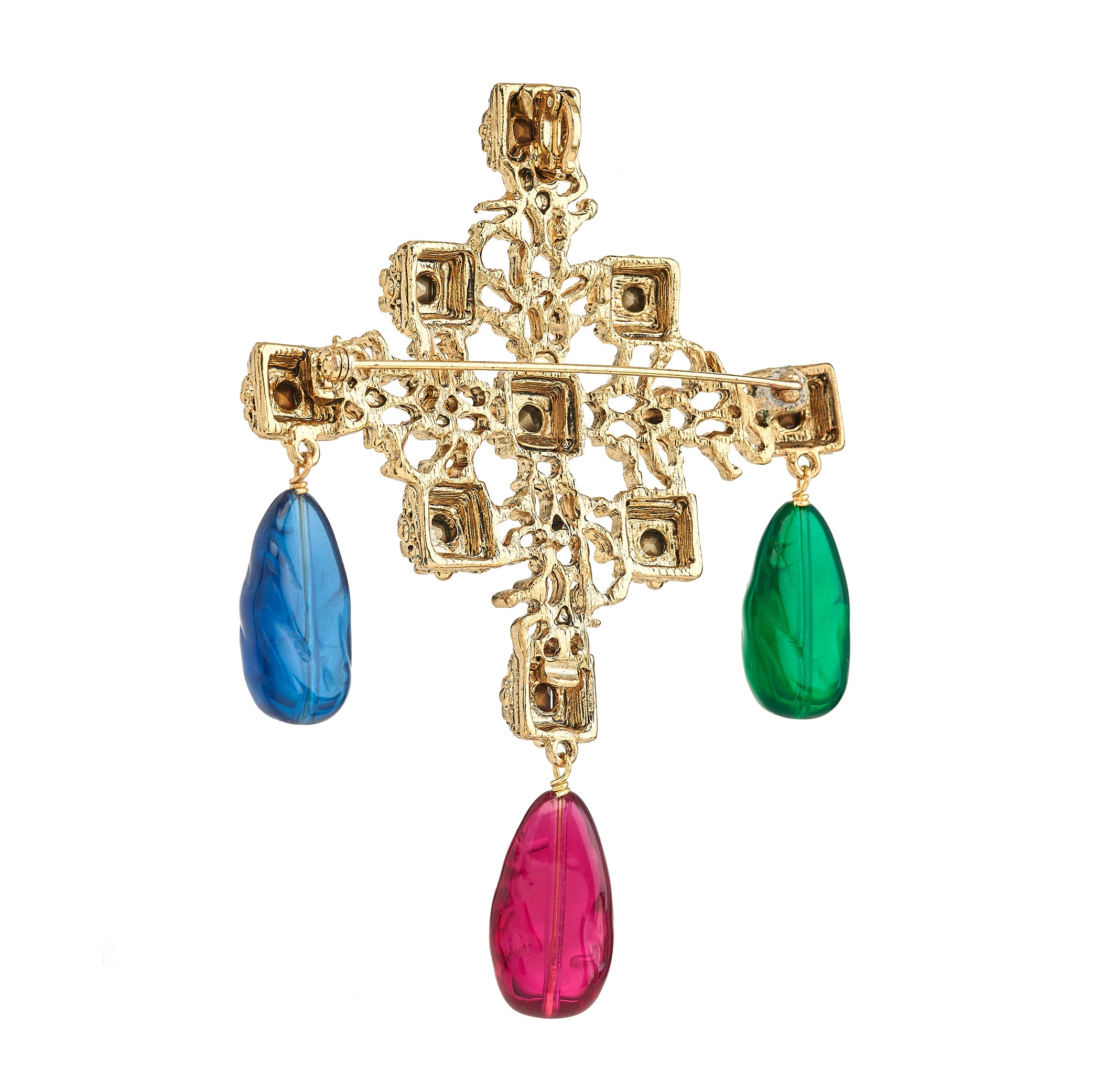 Vintage Multi Gem Cross Pin with Drop Accents