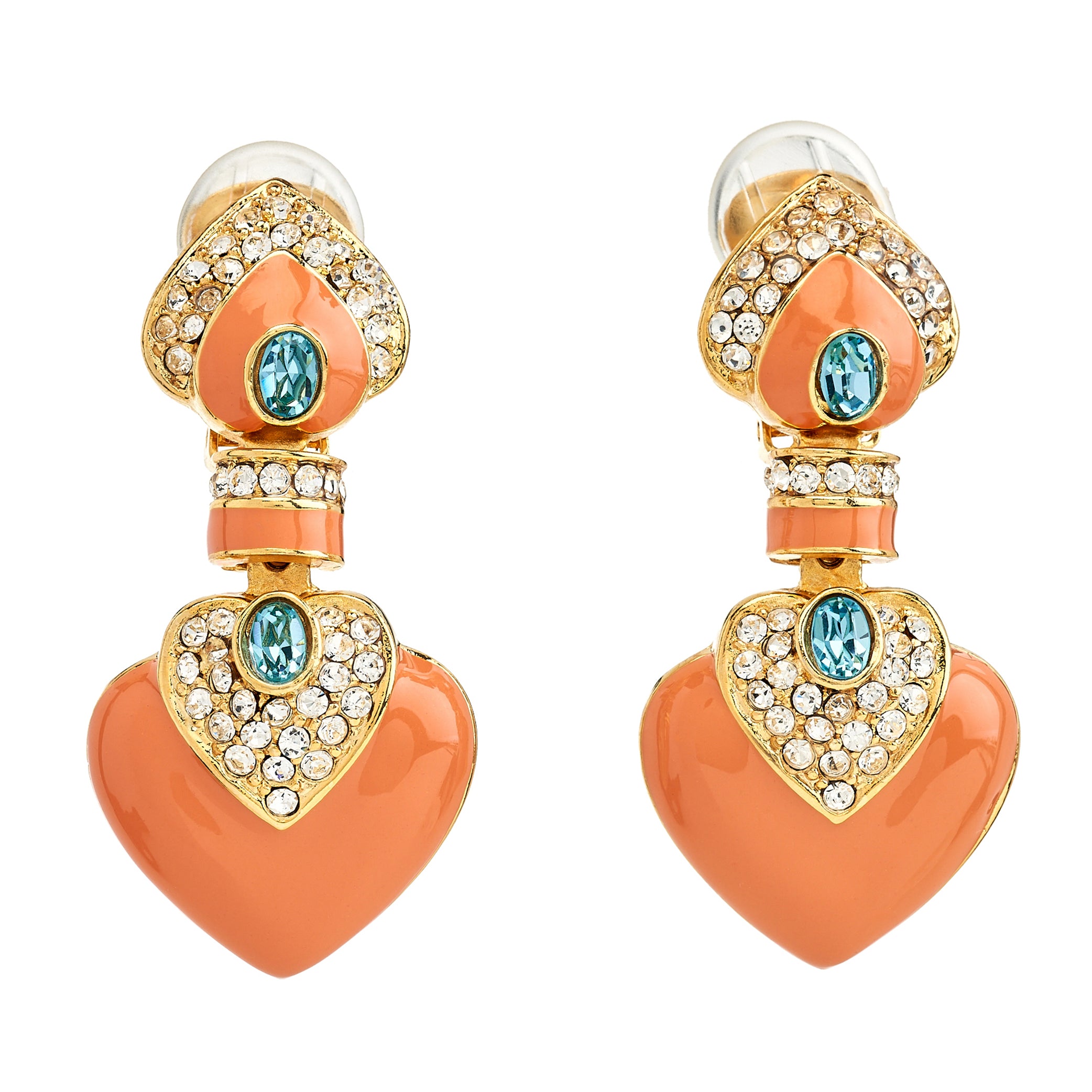 Coral Heart Drop Clip Earrings with Aquamarine Centers