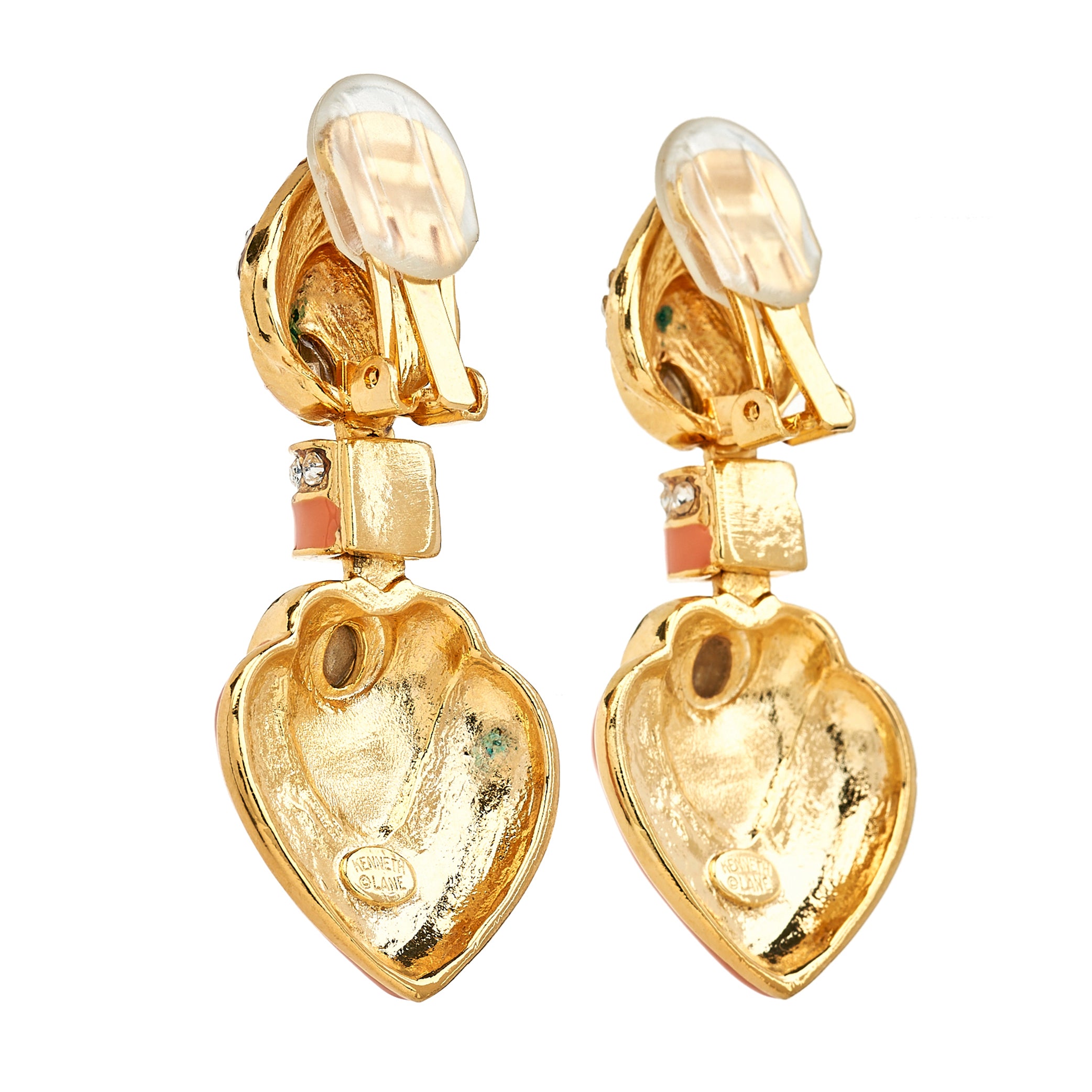 Coral Heart Drop Clip Earrings with Aquamarine Centers