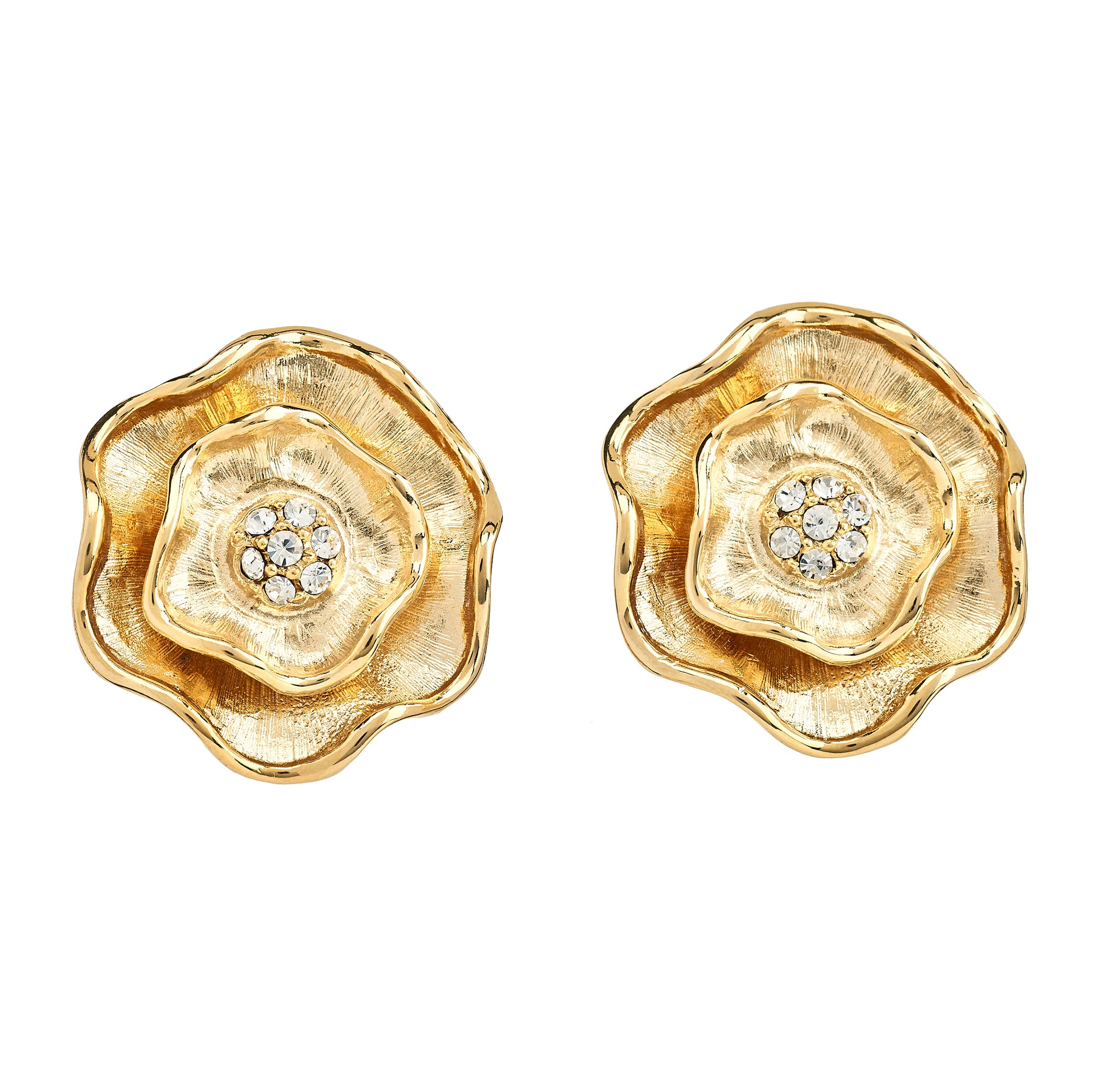 Gold Flower Clip-On Earrings with Rhinestone Centers