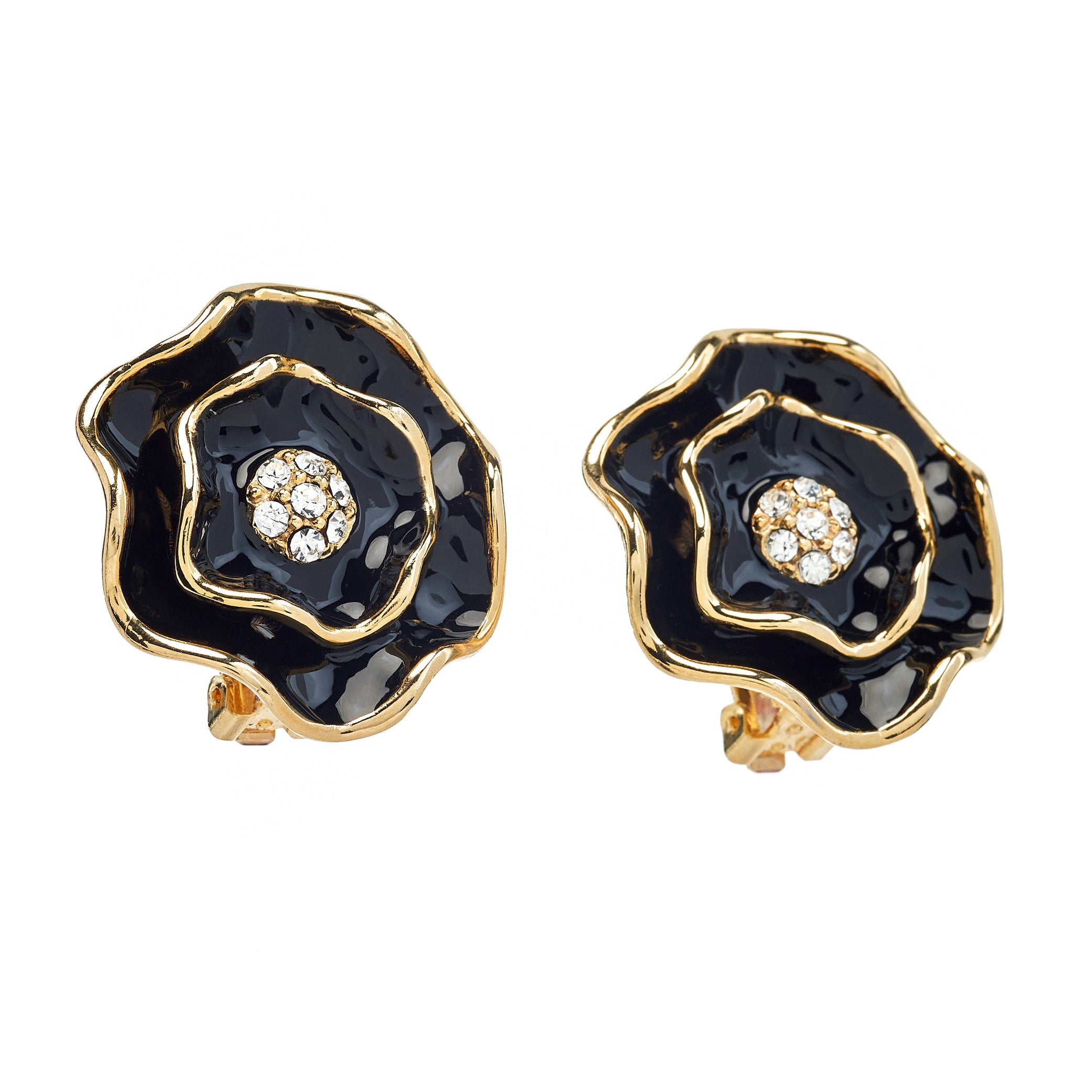 Black Enamel Flower Clip-On Earrings