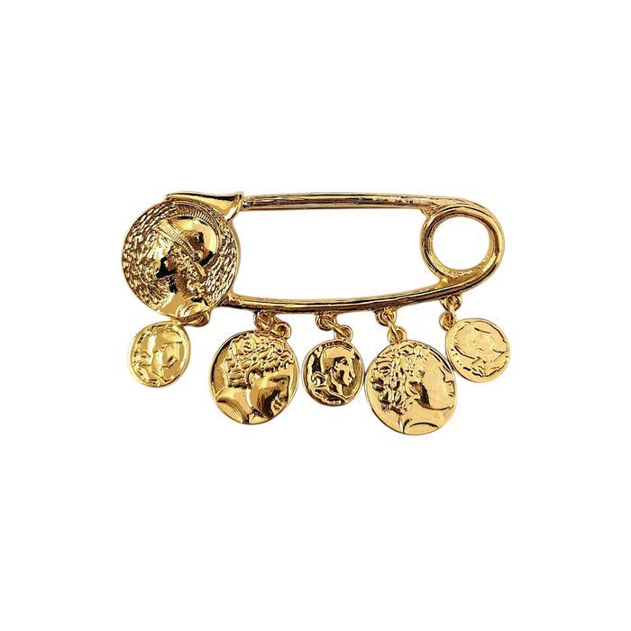 Gold Safety Pin With Coin Charms