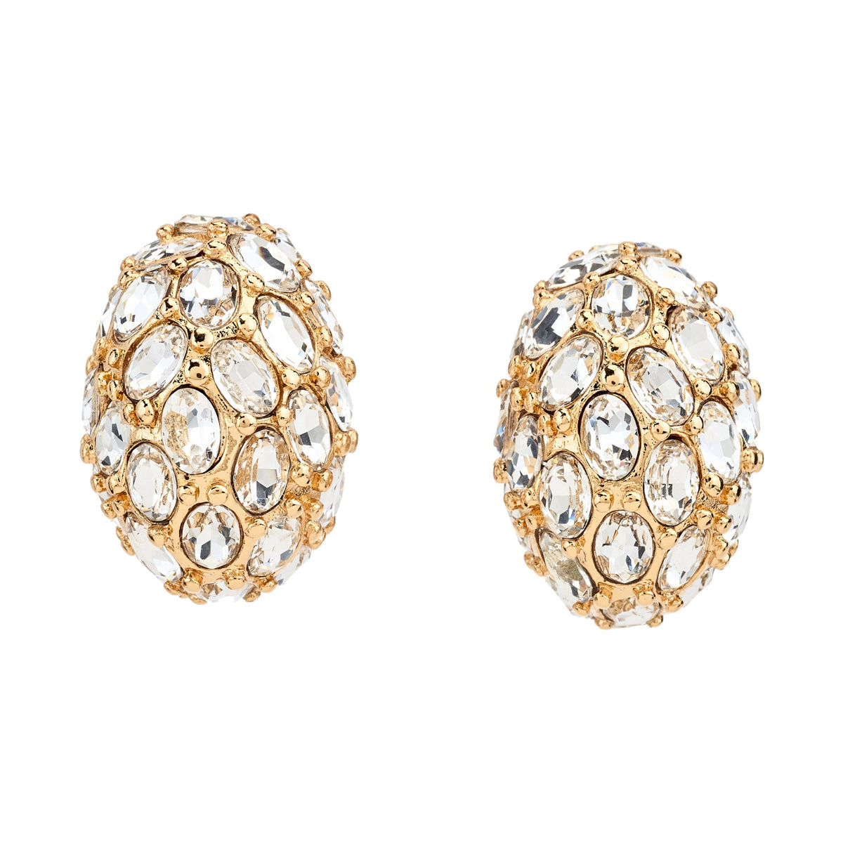 Faceted Oval Crystal Dome Clip Earrings, gold, clip closure