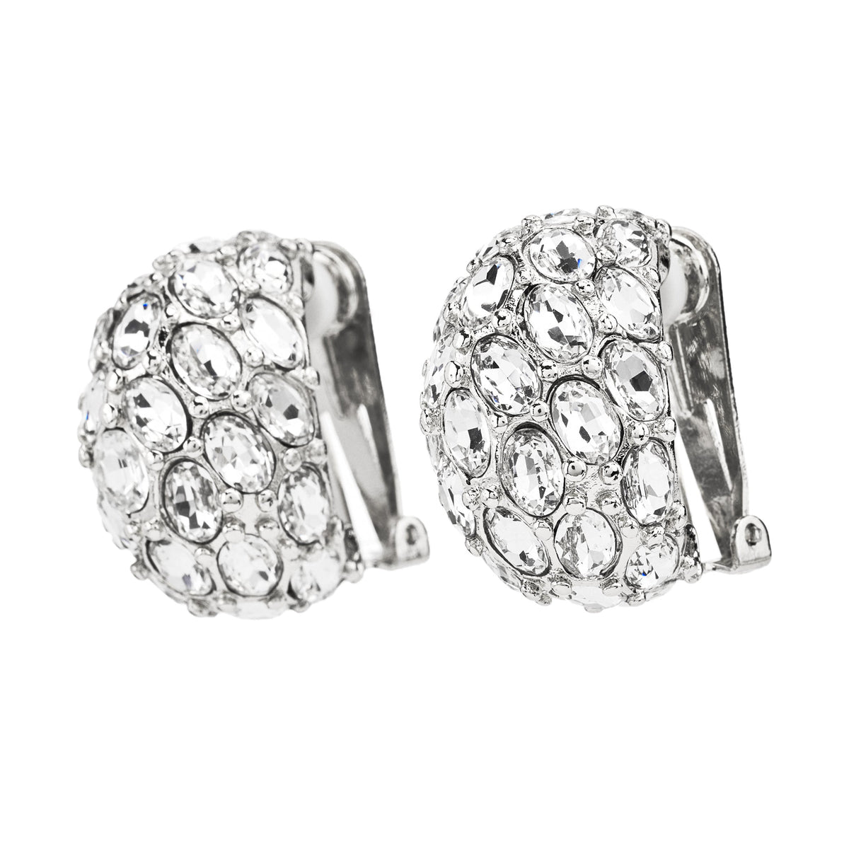 Faceted Oval Crystal Dome Clip Earrings, silver, clip closure