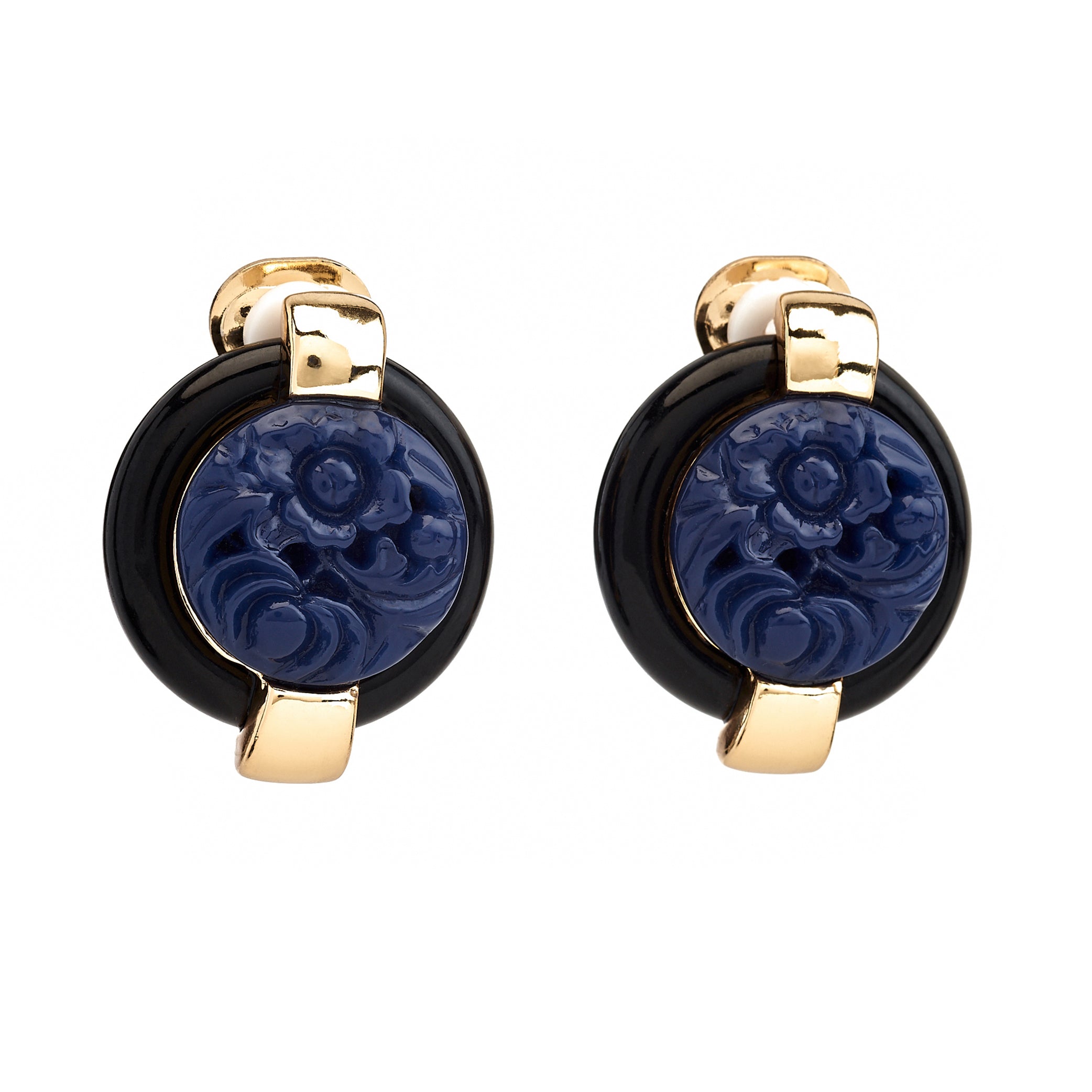 Carved Lapis Button Clip-On Earrings - Black/Lapis